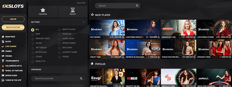 Browse the Live Casino lobby