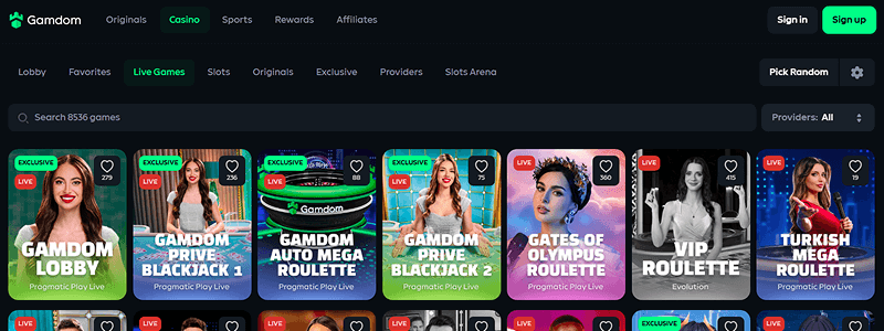 Gamdom Live Casino page